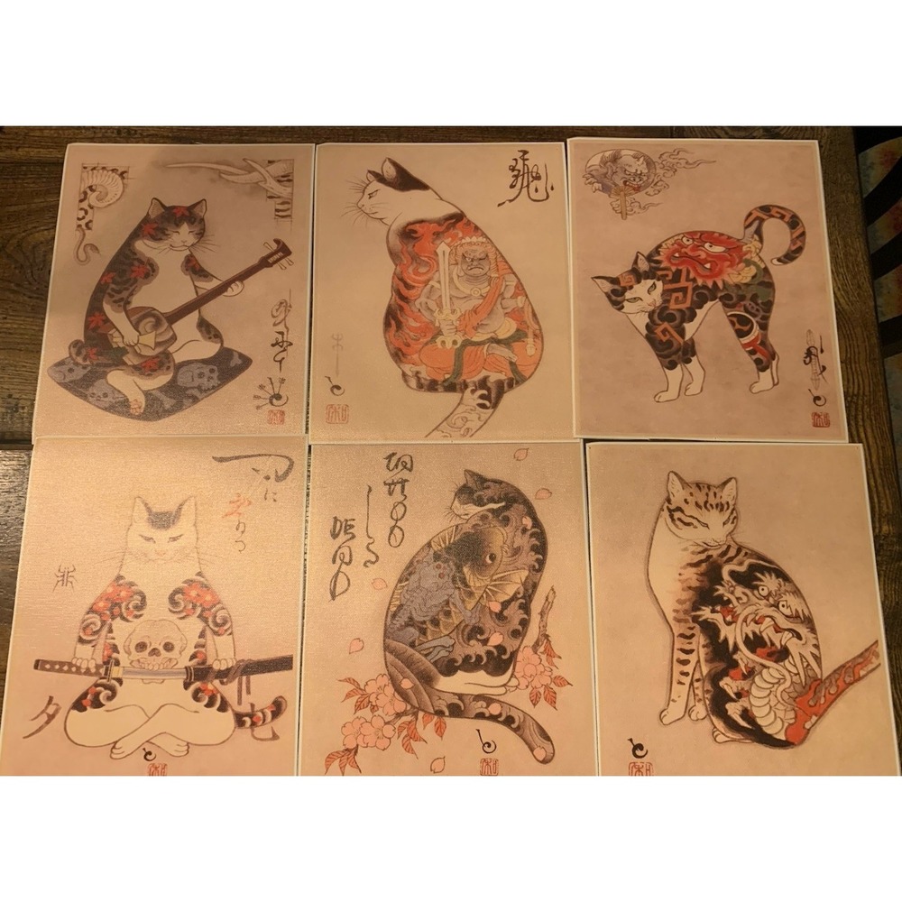 Vintage Tattoo Cat Art Ukiyoe Posters 8x10 Canvas Wall Decor Unframed Set of 6